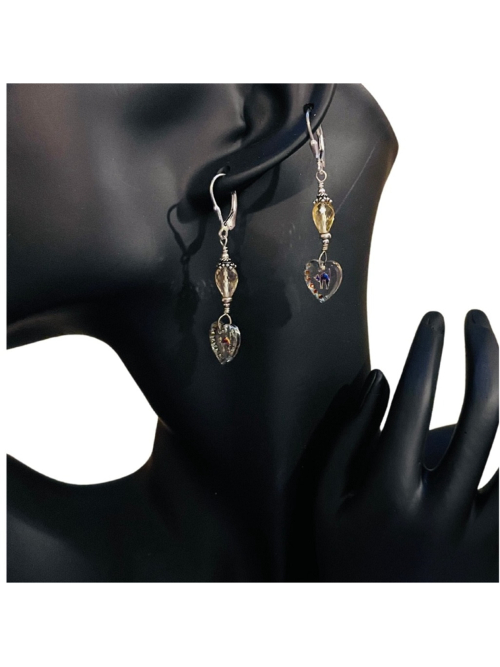 Rainbow Gem dangle earrings with cat detail inside heart